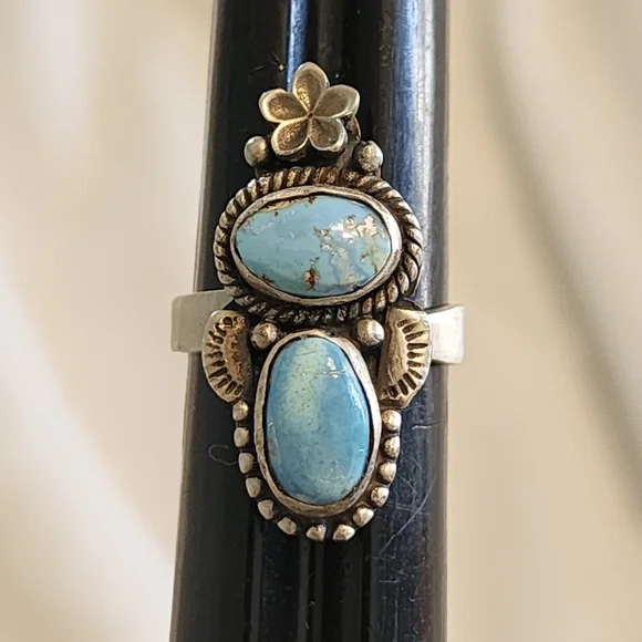 Golden Hills Turquoise Sterling Silver Floral Ring 7 And Up Adjustable Cowgirl - Picture 7 of 8